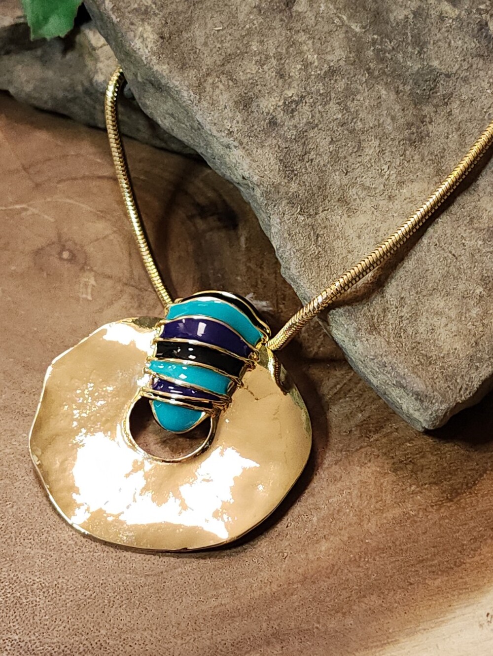 Gold Toned Snake Chain Necklace with Teal, Blue & Black Enamel Pendant - Picture 1 of 9